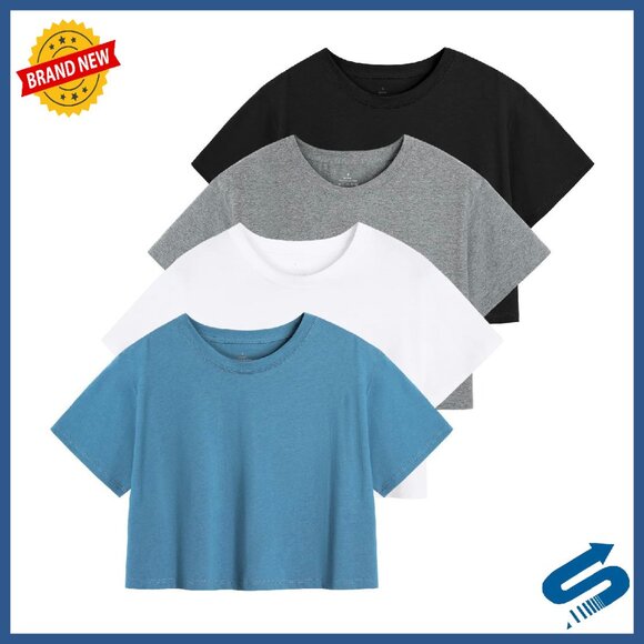 Tops - Women's Cotton Crop T-Shirts 4-Pack Short Sleeve Athletic Yoga Tees